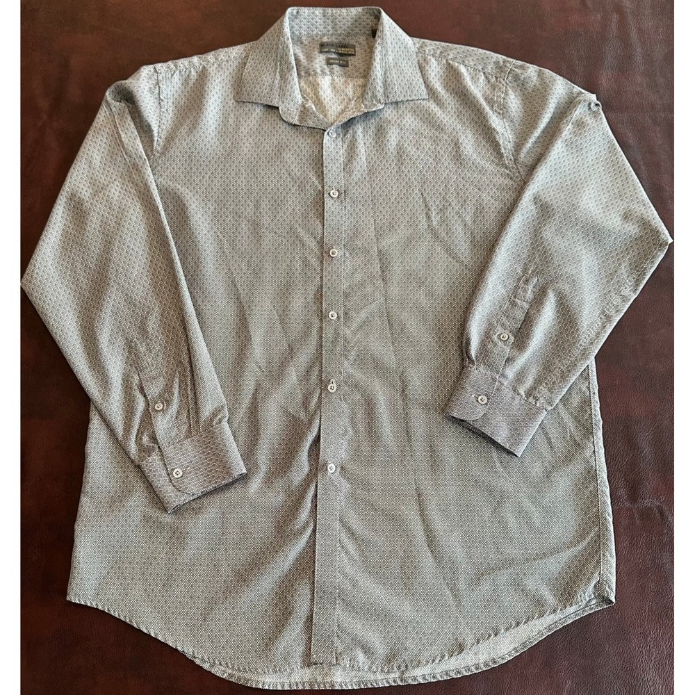 Black Label by Ruffini Mens Slim Fit Geometric Dress Shirt Grey Large 16-16.5